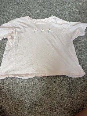 American Eagle Outfitters Light Pink Daisy Embroidered Short Sleeve Tee